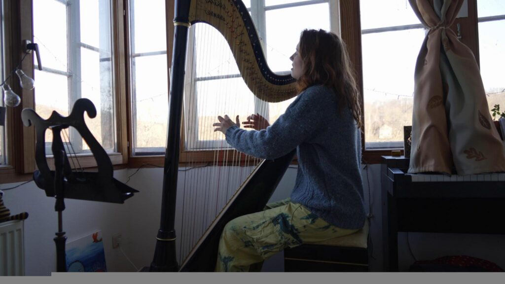 Eine weisse Person mit rotn Haaren spielt Harfe und singt
