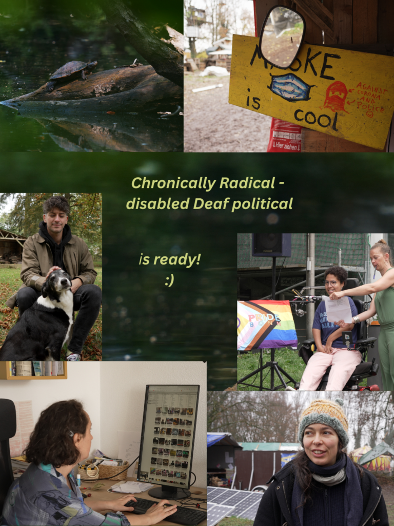 chronically radical disabled Deaf political is ready :) foto collage with film stills: a tortoise in a beautiful dark green lake, a shield" mask is cool, against corona and police", a white person stroking a cute dog, a black person with very curly hair next to a pride flag, a whiteperson in front of a computer screen, a white person in front of solar pannels